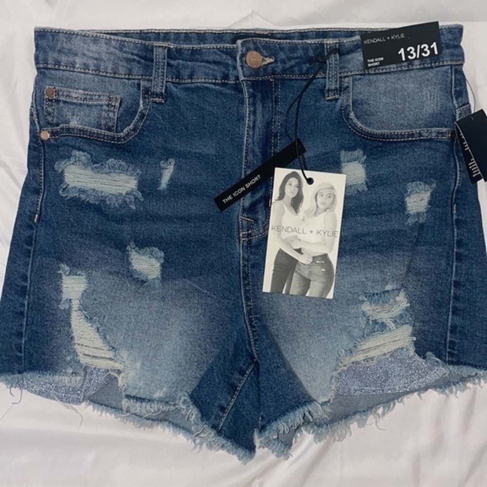 Kendall & Kylie High Rise Dark Denim Acid Wash Distressed Jean The Icon Shorts